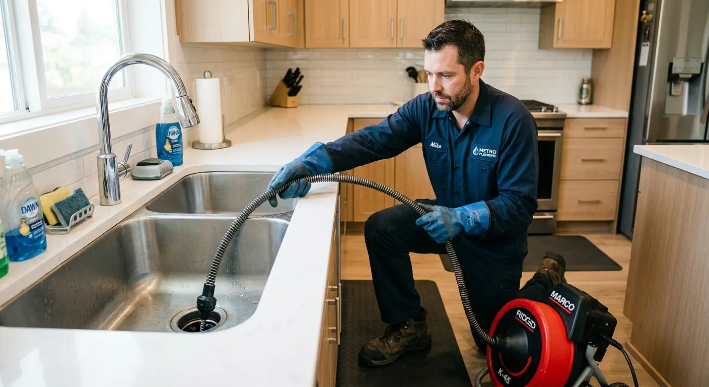 Drain cleaning technician using a motorized snake on a kitchen sink in St. John