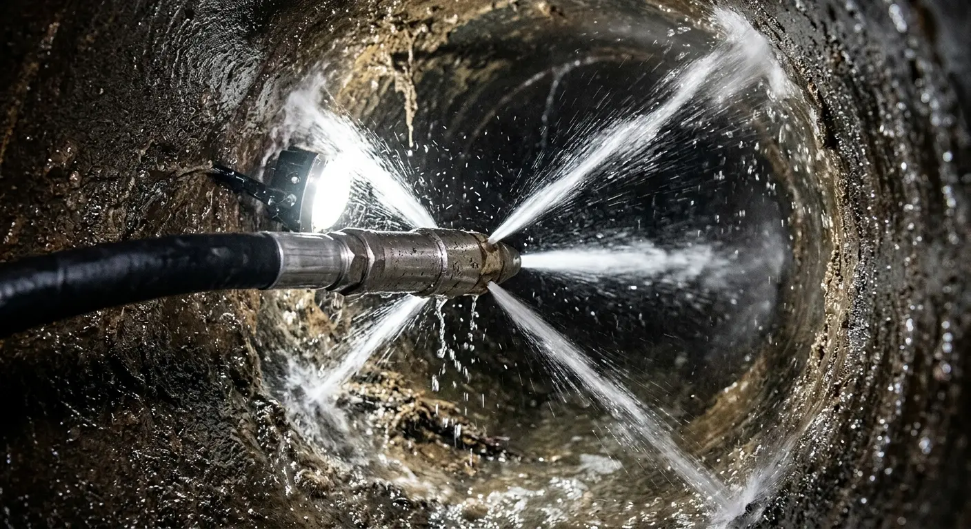 High-pressure hydro jetting nozzle cleaning sewer pipe for Emergency Drain Service in St. John