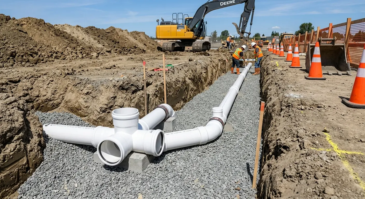 New PVC sewer pipe installation in open trench for Sewer Backup in St. John